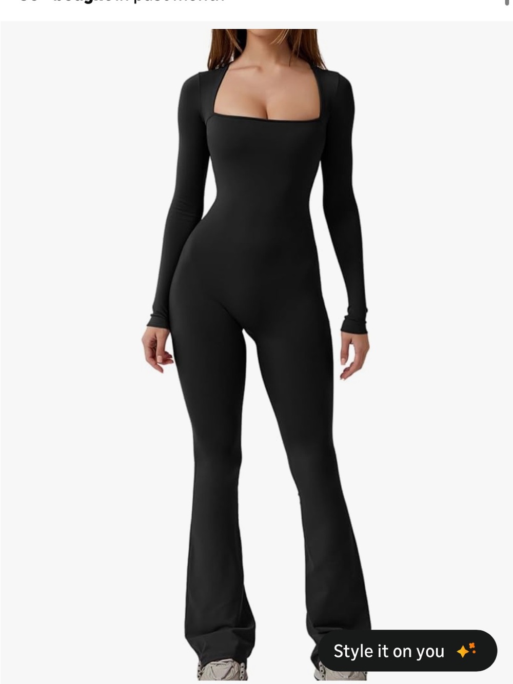 Women's Long-Sleeve Square Neck Black Jumpsuit